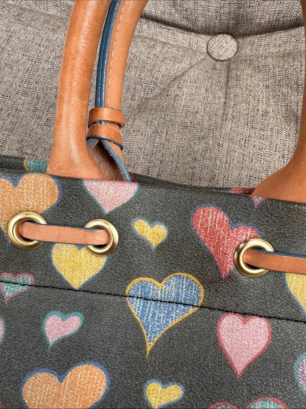 Vintage Dooney & Bourke Multicolor Heart Print Satchel with Tan Leather Handles